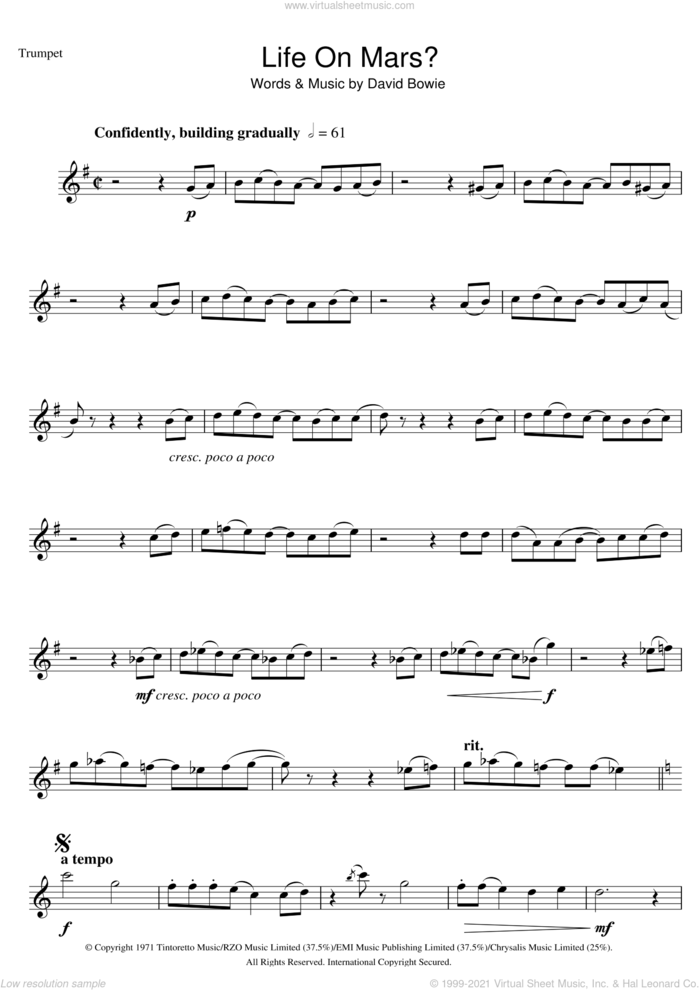 Life On Mars? sheet music for trumpet solo by David Bowie, intermediate skill level