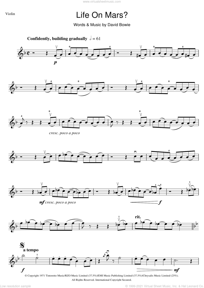 Life On Mars? sheet music for violin solo by David Bowie, intermediate skill level