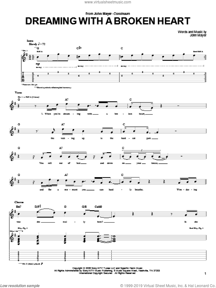 Dreaming With A Broken Heart sheet music for guitar (tablature) by John Mayer, intermediate skill level