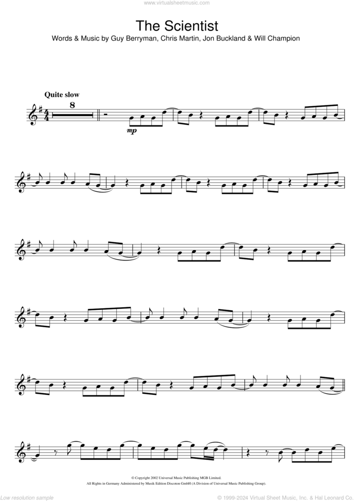 The Scientist sheet music for clarinet solo by Coldplay, Chris Martin, Guy Berryman, Jonny Buckland and Will Champion, intermediate skill level