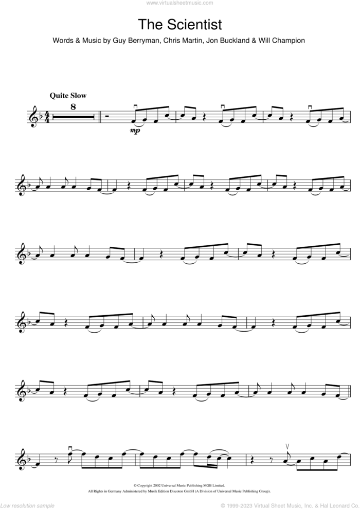 The Scientist sheet music for violin solo by Coldplay, Chris Martin, Guy Berryman, Jonny Buckland and Will Champion, intermediate skill level