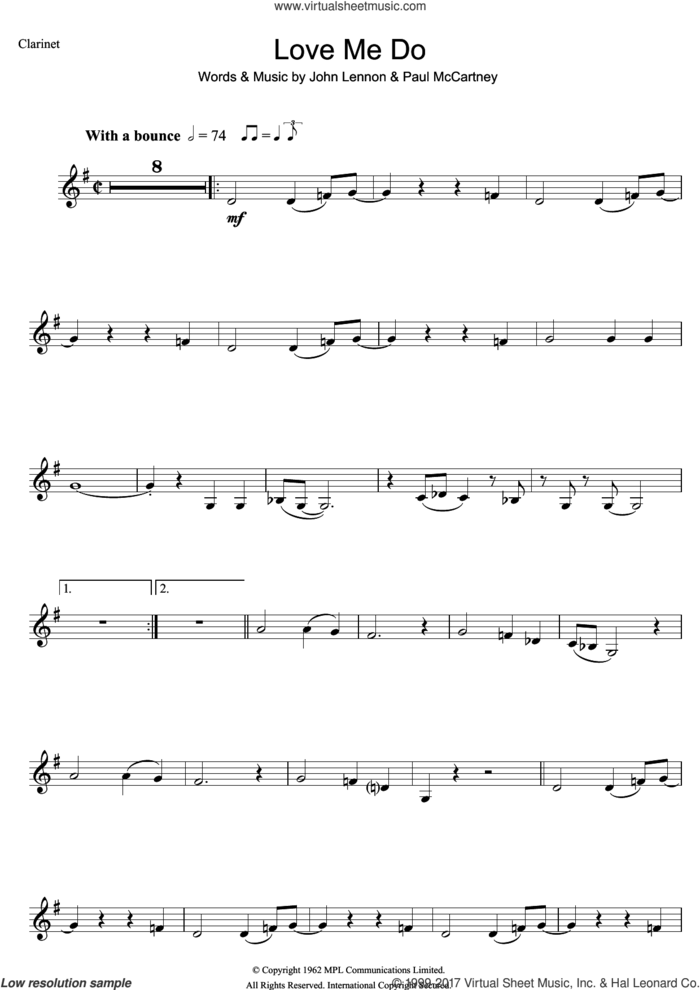 Love Me Do sheet music for clarinet solo by The Beatles, John Lennon and Paul McCartney, intermediate skill level