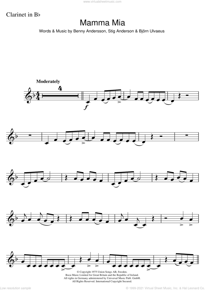 Mamma Mia sheet music for clarinet solo by ABBA, Benny Andersson, Bjorn Ulvaeus and Stig Anderson, intermediate skill level