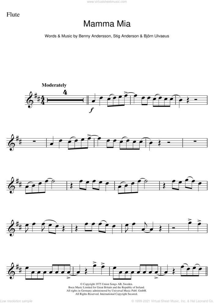 Mamma Mia sheet music for flute solo by ABBA, Benny Andersson, Bjorn Ulvaeus and Stig Anderson, intermediate skill level
