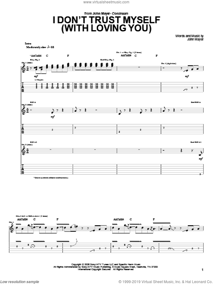 I Don't Trust Myself (With Loving You) sheet music for guitar (tablature) by John Mayer, intermediate skill level
