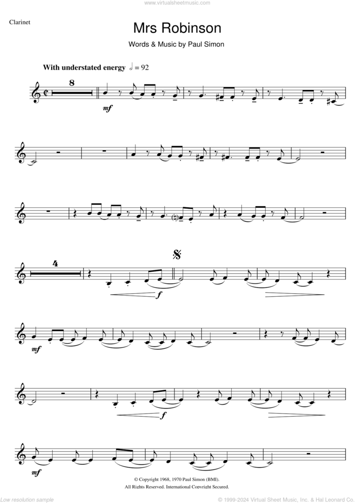 Mrs. Robinson sheet music for clarinet solo by Simon & Garfunkel and Paul Simon, intermediate skill level