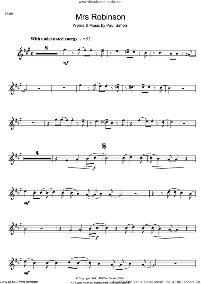 Mrs. Robinson sheet music for flute solo by Simon & Garfunkel and Paul Simon, intermediate skill level