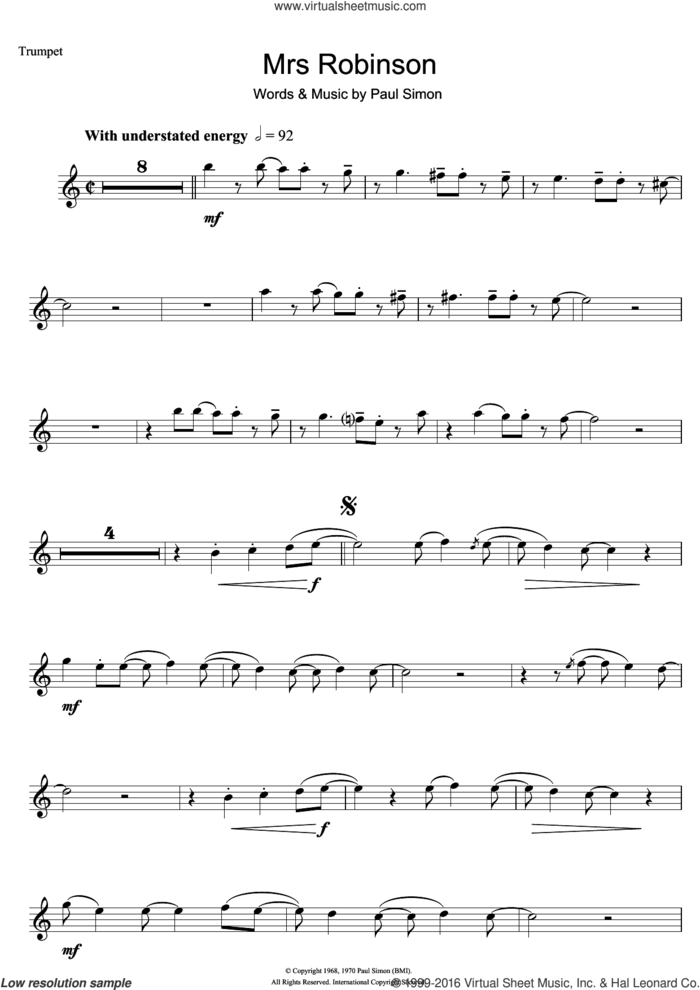 Mrs. Robinson sheet music for trumpet solo by Simon & Garfunkel and Paul Simon, intermediate skill level