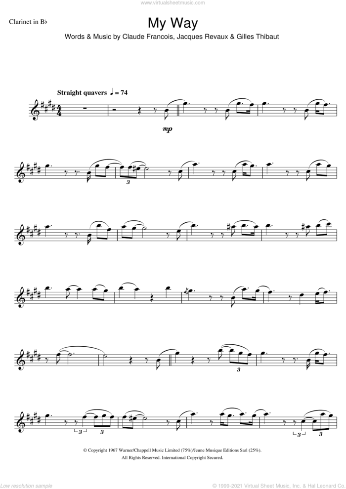 My Way sheet music for clarinet solo by Frank Sinatra, Claude Francois, Gilles Thibaut and Jacques Revaux, intermediate skill level