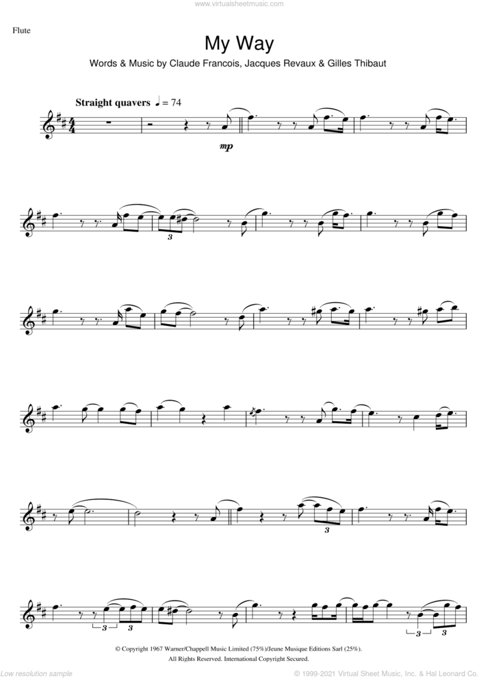 My Way sheet music for flute solo by Frank Sinatra, Claude Francois, Gilles Thibaut and Jacques Revaux, intermediate skill level
