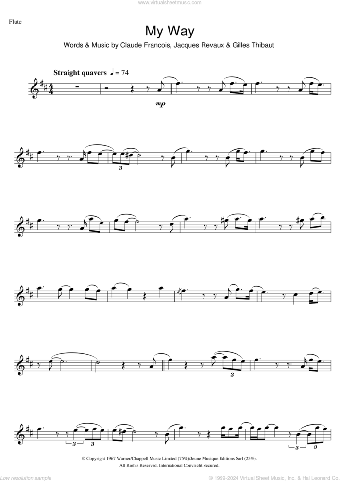 My Way sheet music for flute solo by Frank Sinatra, Claude Francois, Gilles Thibaut and Jacques Revaux, intermediate skill level