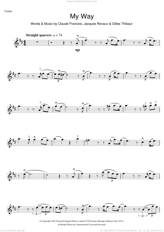 My Way sheet music for violin solo by Frank Sinatra, Claude Francois, Gilles Thibaut and Jacques Revaux, intermediate skill level