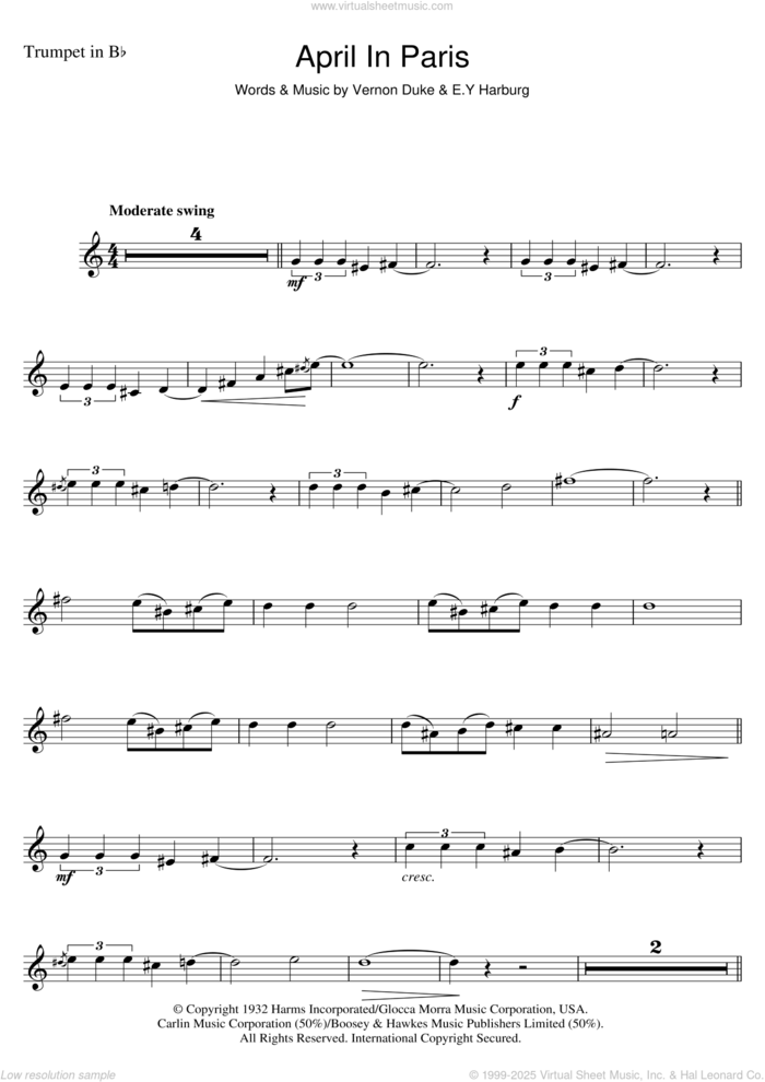 April In Paris sheet music for trumpet solo by Count Basie, E.Y. Harburg and Vernon Duke, intermediate skill level