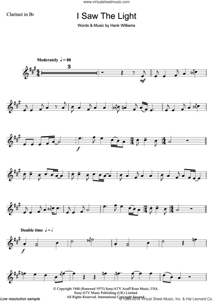 I Saw The Light sheet music for clarinet solo by Hank Williams, intermediate skill level