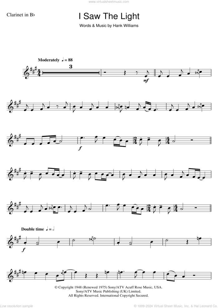 I Saw The Light sheet music for clarinet solo by Hank Williams, intermediate skill level