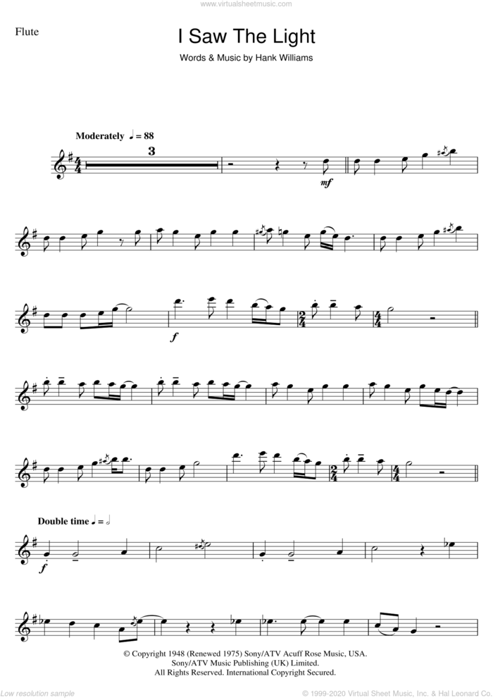 I Saw The Light sheet music for flute solo by Hank Williams, intermediate skill level