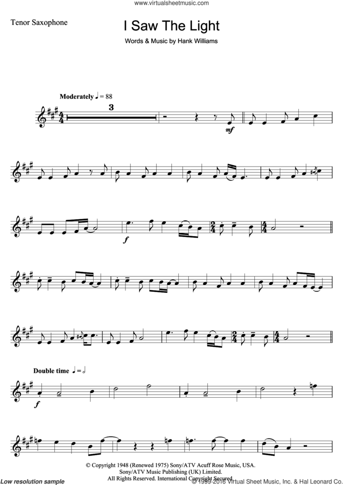 I Saw The Light sheet music for tenor saxophone solo by Hank Williams, intermediate skill level