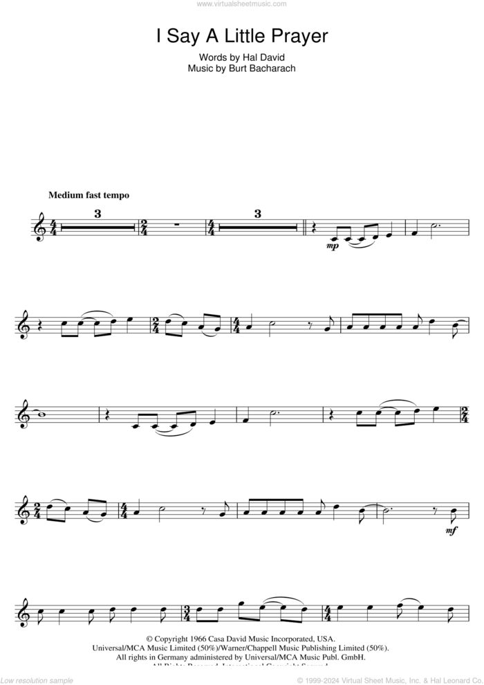 I Say A Little Prayer sheet music for clarinet solo by Aretha Franklin, Burt Bacharach and Hal David, intermediate skill level