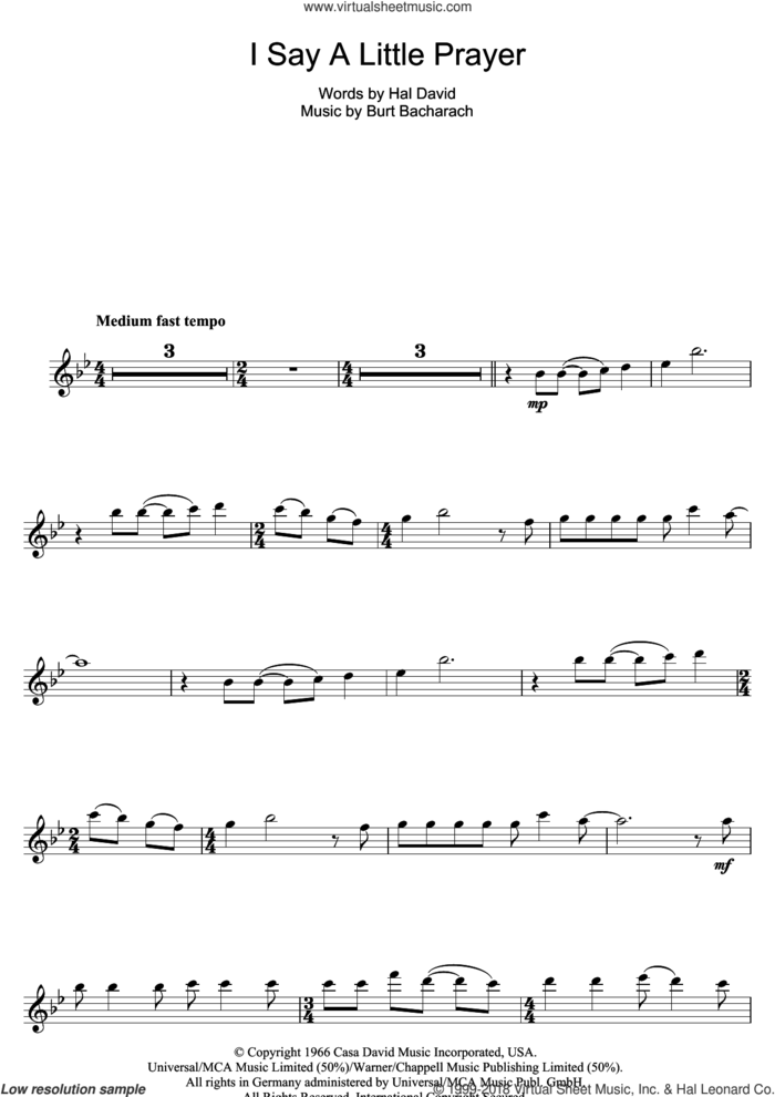 I Say A Little Prayer sheet music for flute solo by Aretha Franklin, Burt Bacharach and Hal David, intermediate skill level