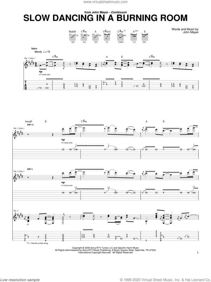 Slow Dancing In A Burning Room sheet music for guitar (tablature) by John Mayer, intermediate skill level