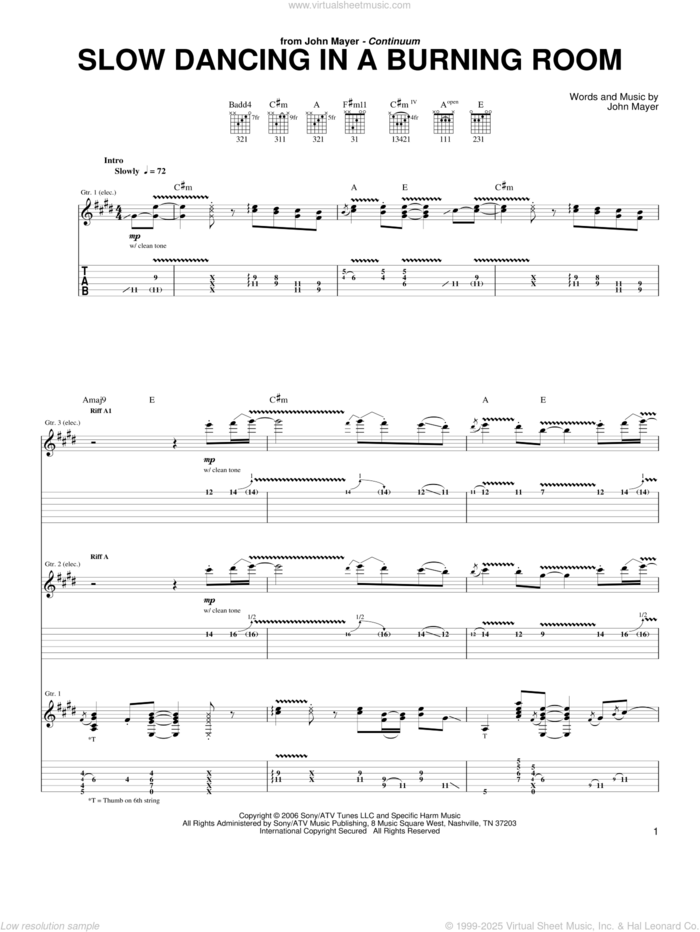 Slow Dancing In A Burning Room sheet music for guitar (tablature) by John Mayer, intermediate skill level