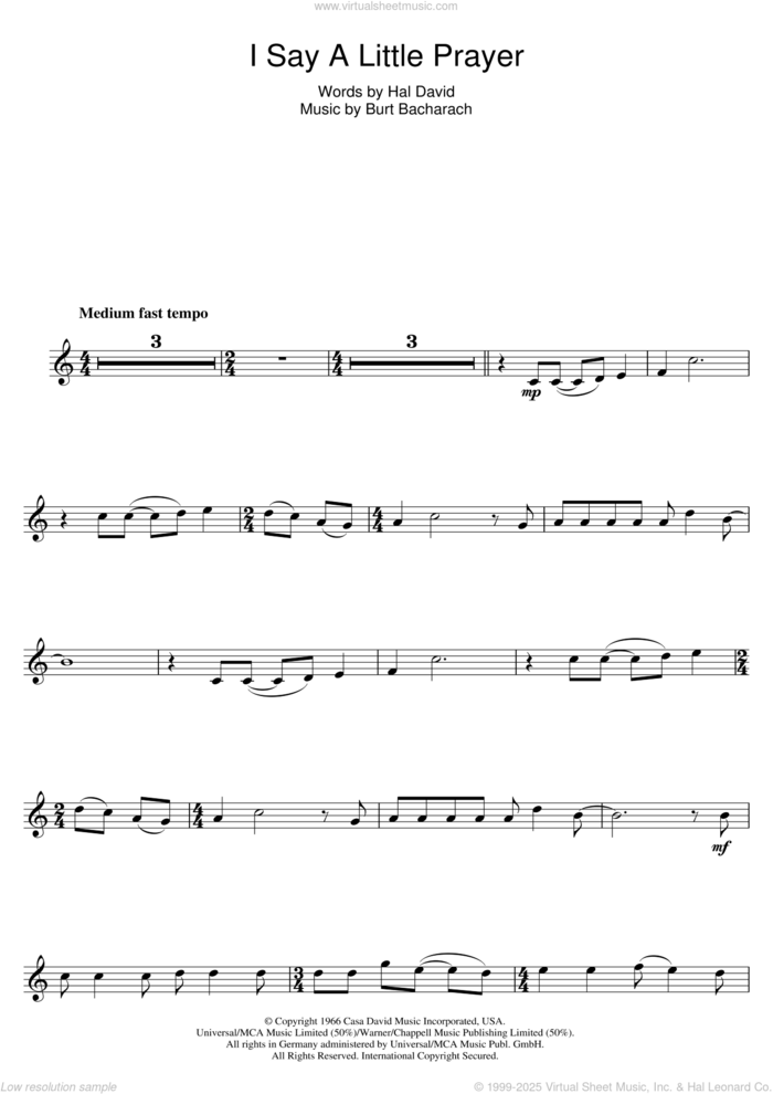 I Say A Little Prayer sheet music for tenor saxophone solo by Aretha Franklin, Burt Bacharach and Hal David, intermediate skill level