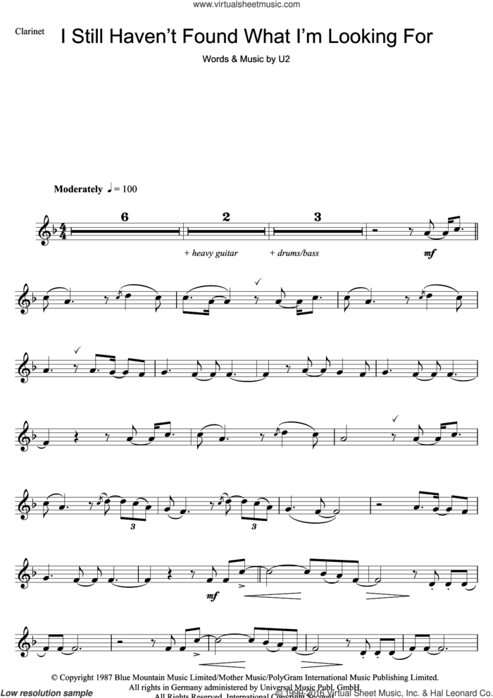 I Still Haven't Found What I'm Looking For sheet music for clarinet solo by U2, intermediate skill level