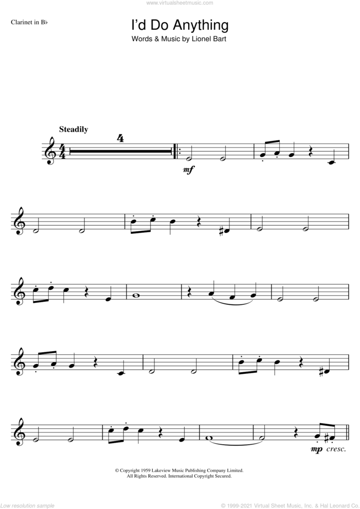 I'd Do Anything (from Oliver!) sheet music for clarinet solo by Lionel Bart, intermediate skill level