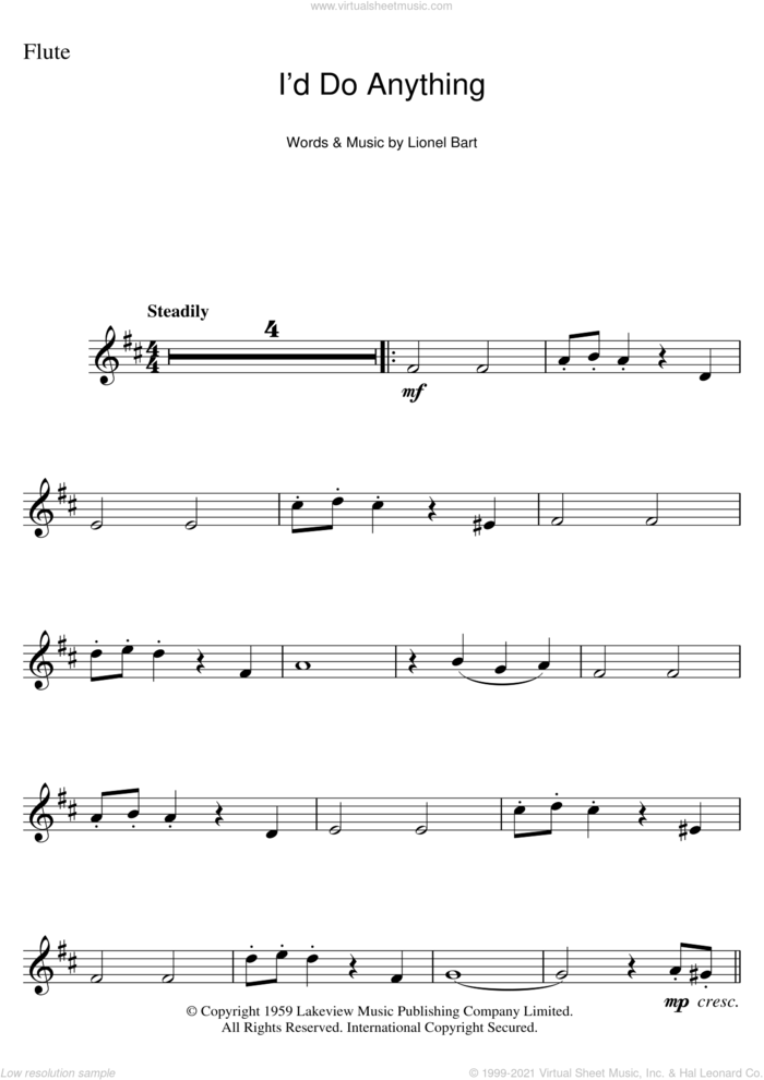 I'd Do Anything (from Oliver!) sheet music for flute solo by Lionel Bart, intermediate skill level