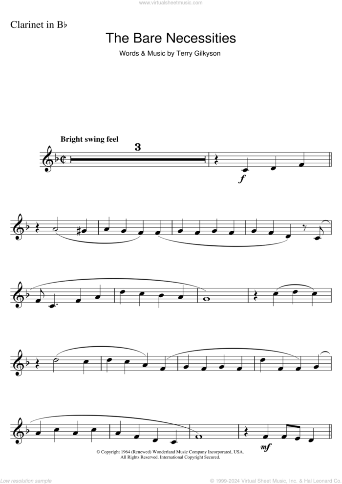 The Bare Necessities (from Disney's The Jungle Book) sheet music for clarinet solo by Terry Gilkyson, intermediate skill level