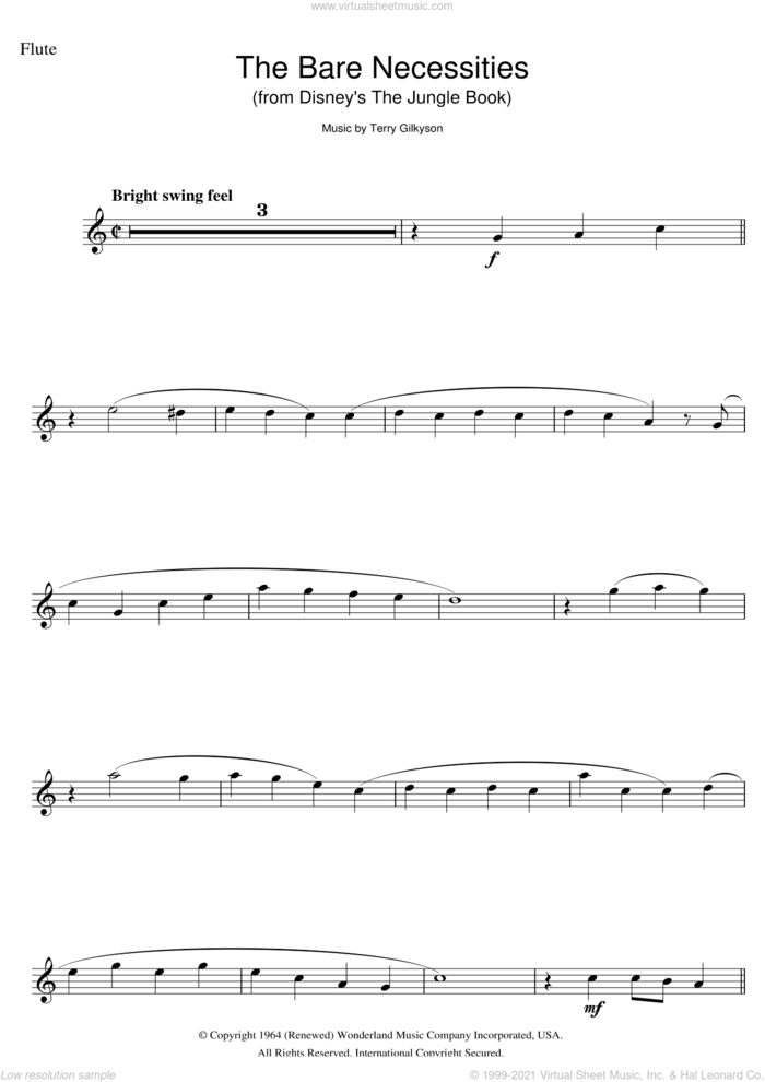 The Bare Necessities (from Disney's The Jungle Book) sheet music for flute solo by Terry Gilkyson, intermediate skill level