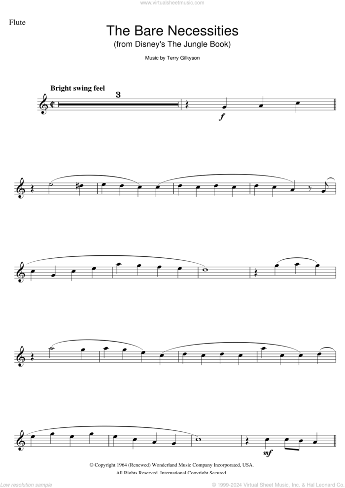 The Bare Necessities (from Disney's The Jungle Book) sheet music for flute solo by Terry Gilkyson, intermediate skill level