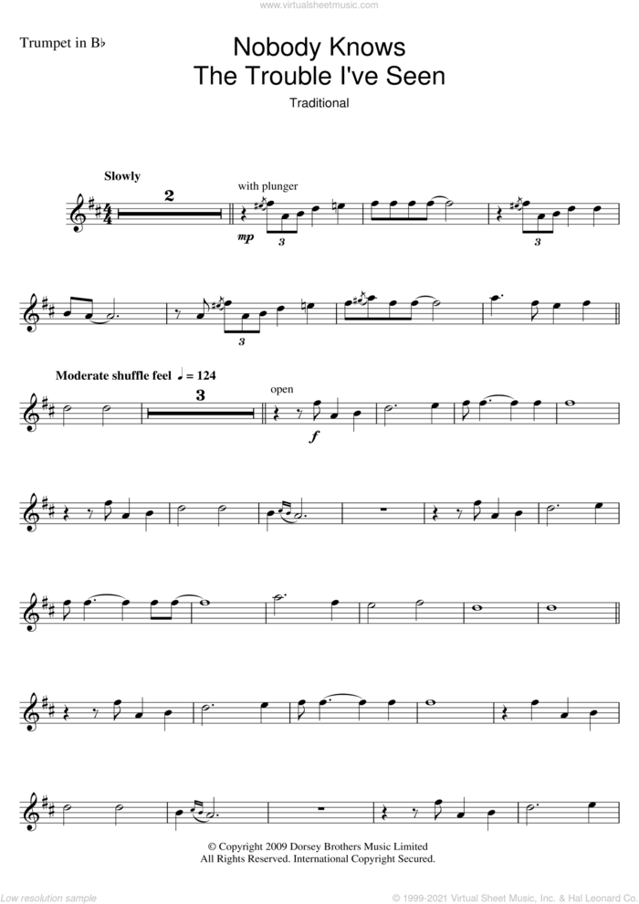 Nobody Knows The Trouble I've Seen sheet music for trumpet solo by Louis Armstrong and Miscellaneous, intermediate skill level