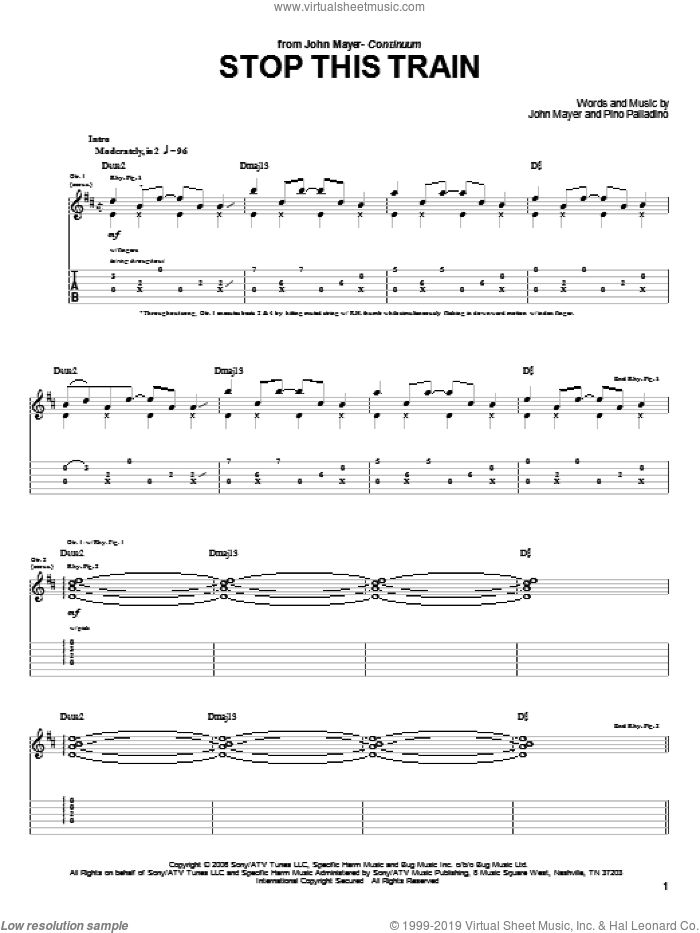 Stop This Train sheet music for guitar (tablature) by John Mayer and Pino Palladino, intermediate skill level