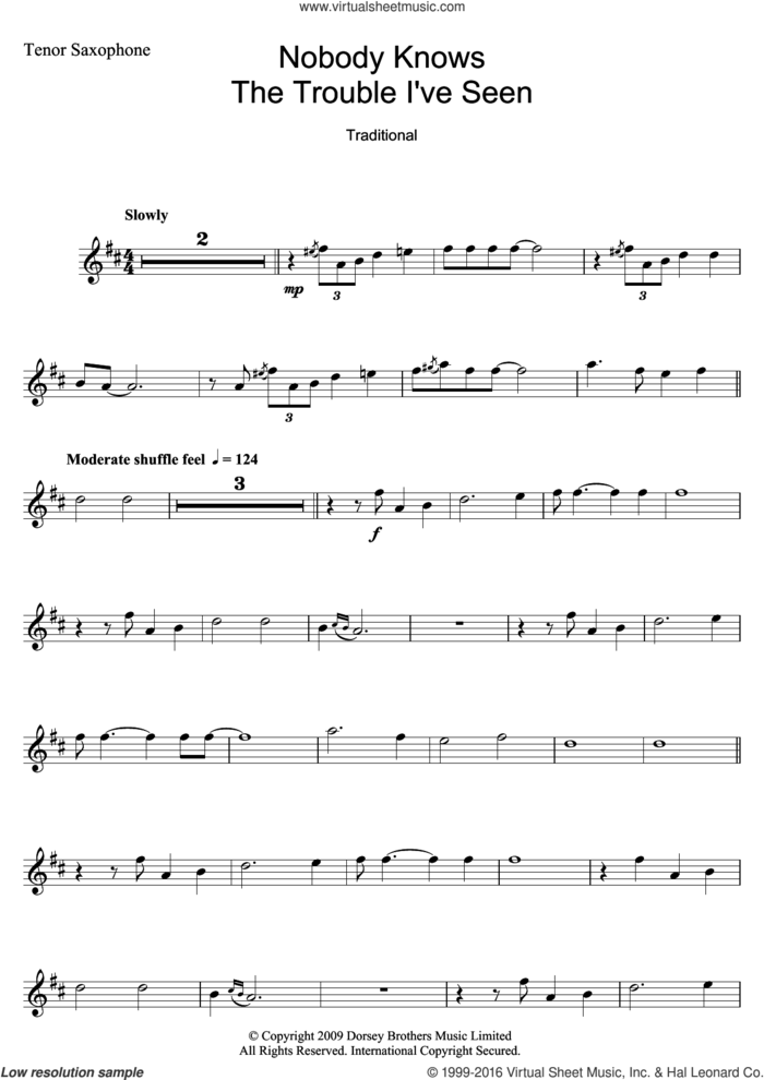 Nobody Knows The Trouble I've Seen sheet music for tenor saxophone solo by Louis Armstrong and Miscellaneous, intermediate skill level