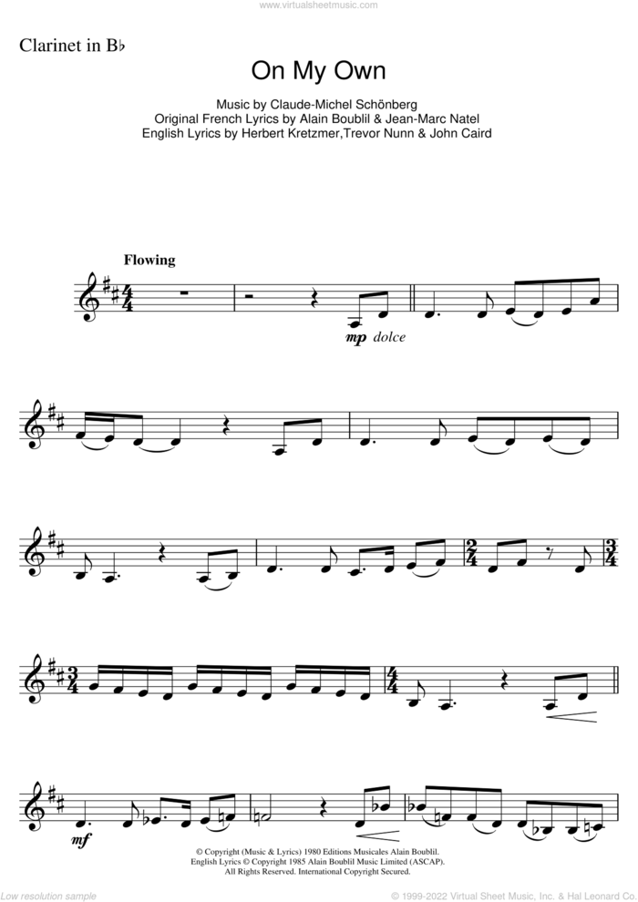 On My Own (from Les Miserables) sheet music for clarinet solo by Claude-Michel Schonberg, Alain Boublil, Herbert Kretzmer, Jean-Marc Natel, John Caird and Trevor Nunn, intermediate skill level