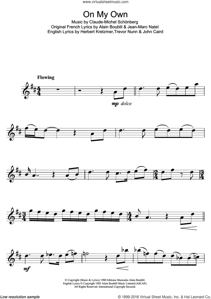 On My Own (from Les Miserables) sheet music for flute solo by Claude-Michel Schonberg, Alain Boublil, Herbert Kretzmer, Jean-Marc Natel, John Caird and Trevor Nunn, intermediate skill level