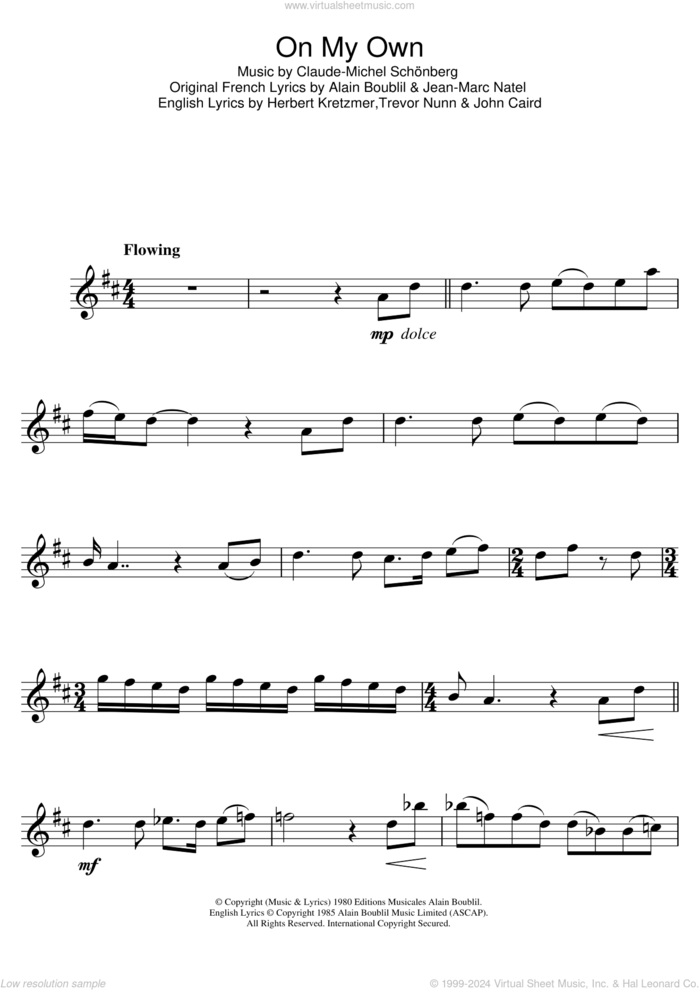 On My Own (from Les Miserables) sheet music for flute solo by Claude-Michel Schonberg, Alain Boublil, Herbert Kretzmer, Jean-Marc Natel, John Caird and Trevor Nunn, intermediate skill level