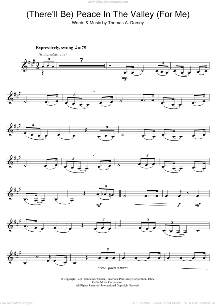 (There'll Be) Peace In The Valley (For Me) sheet music for clarinet solo by Johnny Cash and Tommy Dorsey, intermediate skill level