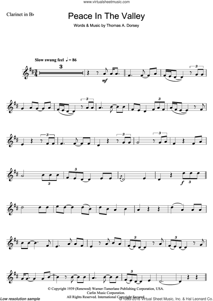 (There'll Be) Peace In The Valley (For Me) sheet music for clarinet solo by Mahalia Jackson, Johnny Cash and Tommy Dorsey, intermediate skill level