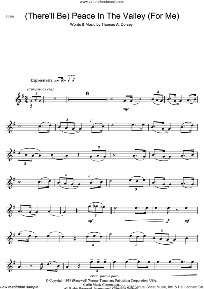 (There'll Be) Peace In The Valley (For Me) sheet music for flute solo by Johnny Cash and Tommy Dorsey, intermediate skill level