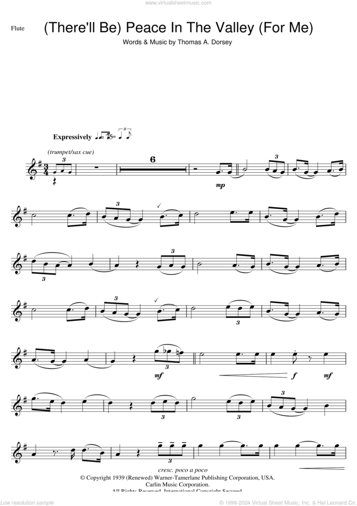 (There'll Be) Peace In The Valley (For Me) sheet music for flute solo by Johnny Cash and Tommy Dorsey, intermediate skill level