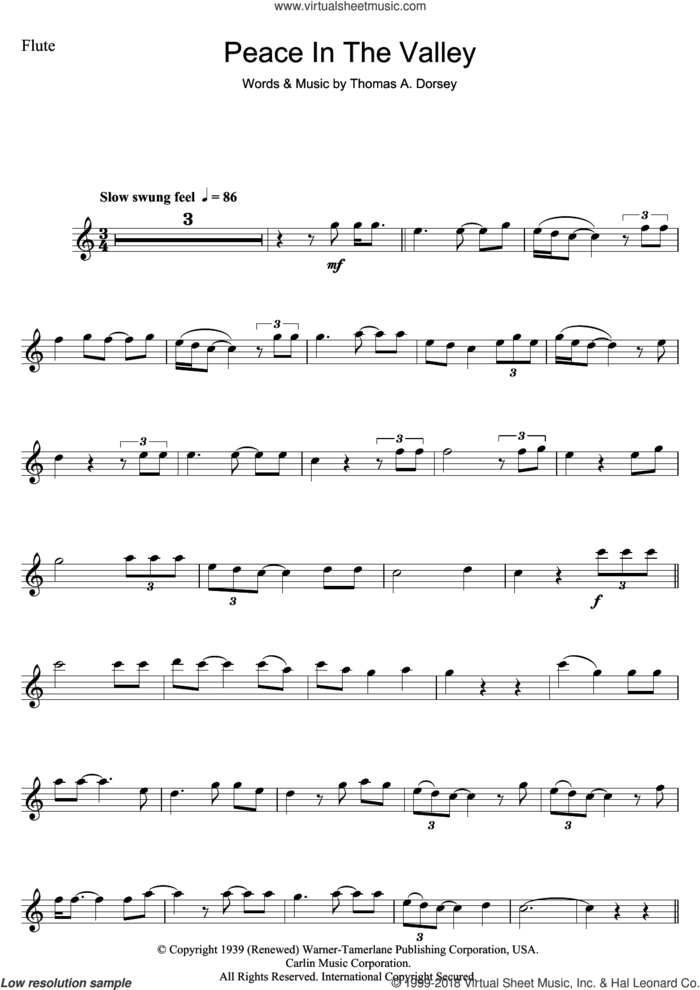 (There'll Be) Peace In The Valley (For Me) sheet music for flute solo by Mahalia Jackson, Johnny Cash and Tommy Dorsey, intermediate skill level