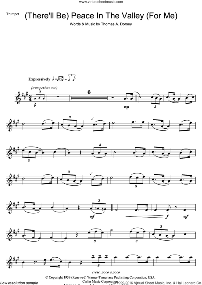 (There'll Be) Peace In The Valley (For Me) sheet music for trumpet solo by Johnny Cash and Tommy Dorsey, intermediate skill level