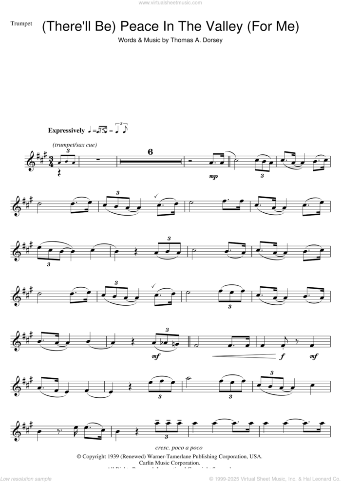 (There'll Be) Peace In The Valley (For Me) sheet music for trumpet solo by Johnny Cash and Tommy Dorsey, intermediate skill level