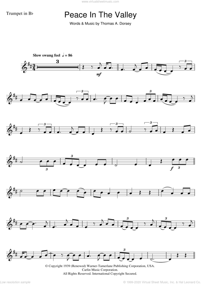 (There'll Be) Peace In The Valley (For Me) sheet music for trumpet solo by Mahalia Jackson, Johnny Cash and Tommy Dorsey, intermediate skill level