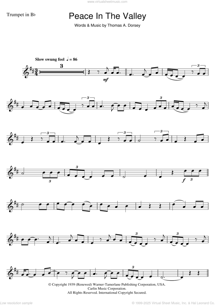 (There'll Be) Peace In The Valley (For Me) sheet music for trumpet solo by Mahalia Jackson, Johnny Cash and Tommy Dorsey, intermediate skill level