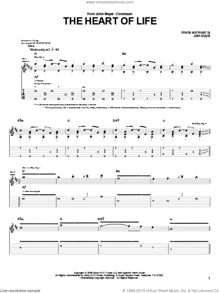 The Heart Of Life sheet music for guitar (tablature) by John Mayer, intermediate skill level