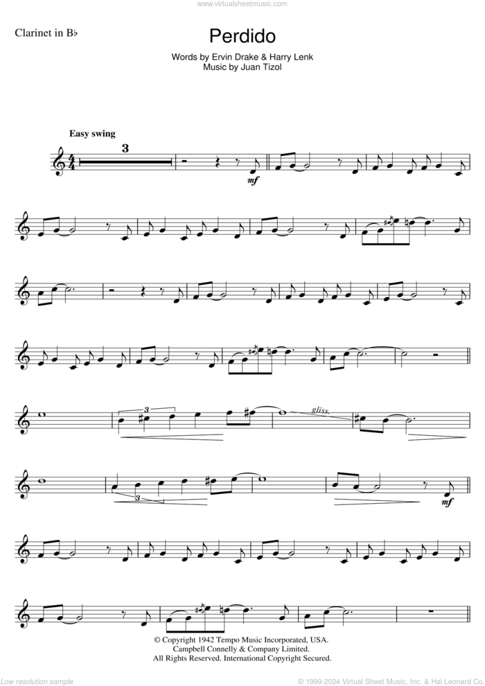 Perdido sheet music for clarinet solo by Duke Ellington, Ervin Drake, Harry Lenk and Juan Tizol, intermediate skill level