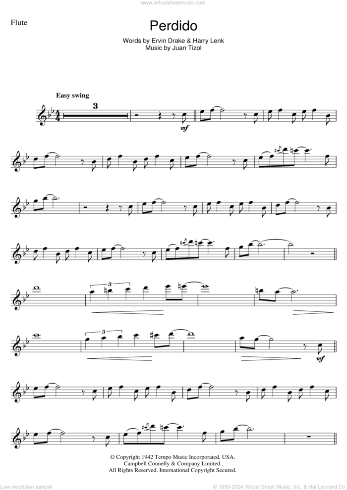 Perdido sheet music for flute solo by Duke Ellington, Ervin Drake, Harry Lenk and Juan Tizol, intermediate skill level